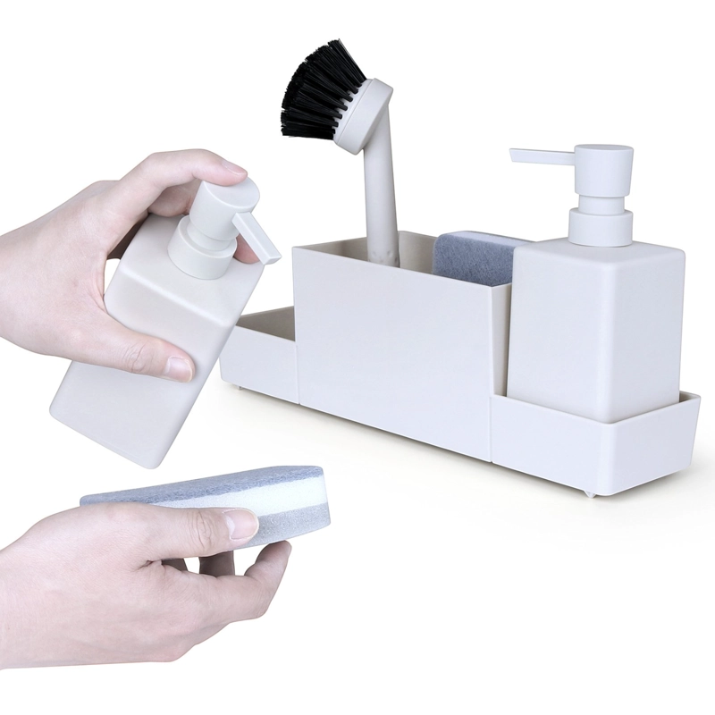DISPENSADOR DE DETERGENTE DOBLE PORTA ESPONGA + CEPILLO PARA COCINA MATERIAL ABS RESISTENTE - 5