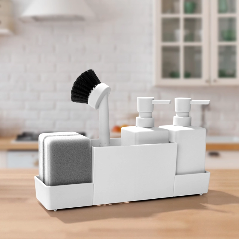 DISPENSADOR DE DETERGENTE DOBLE PORTA ESPONGA + CEPILLO PARA COCINA MATERIAL ABS RESISTENTE - 6