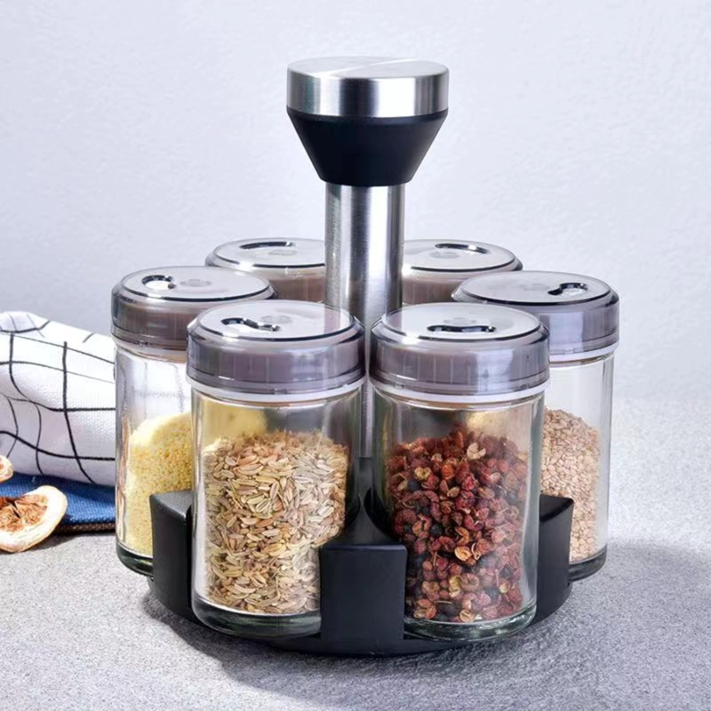 ORGANIZADOR DE ESPECIAS GIRATORIO CON 6 FRASCOS DE VIDRIO Y ACERO INOXIDABLE - 1