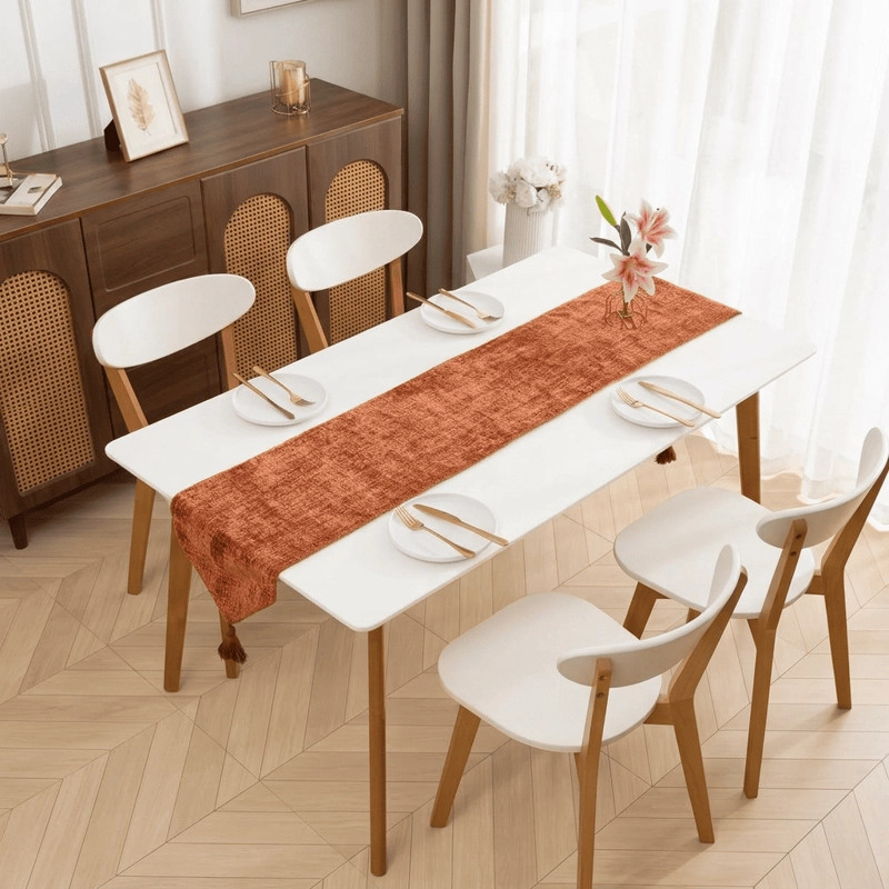 CAMINO CORREDOR DE MESA EN CHENILLE CON BORLAS MEDIDA 30X180CM COLOR NARANJA - 1