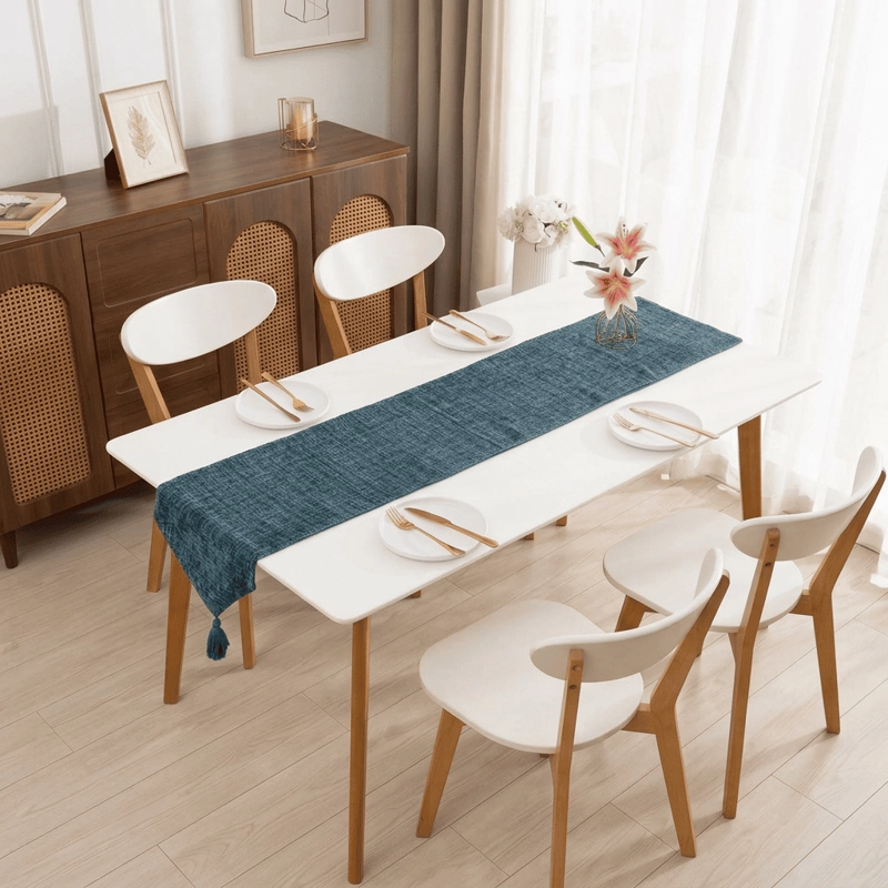 CAMINO CORREDOR DE MESA EN CHENILLE CON BORLAS MEDIDA 30X180CM COLOR TURQUESA - 1
