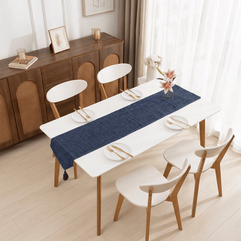 CAMINO CORREDOR DE MESA EN CHENILLE CON BORLAS MEDIDA 30X180CM COLOR AZUL - 1