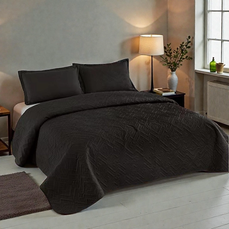 CUBRECAMA QUILT DE VERANO DE 1.5 PLAZAS MEDIDA 180X230CM DELGADO + 1 FUNDA DE ALMOHADA NEGRO - 1