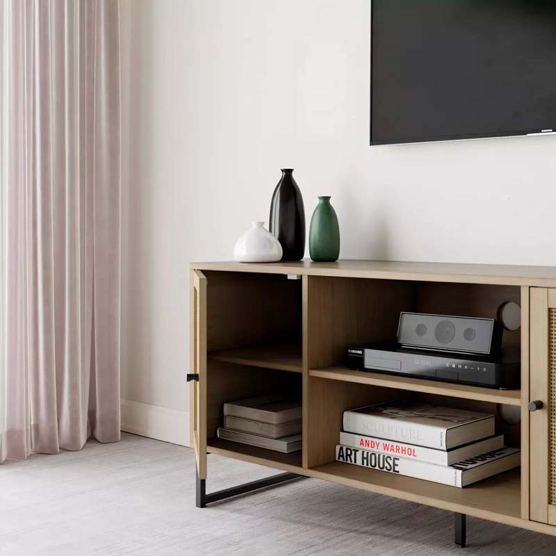 RACK TV BUFFET RATTAN 2 PUERTAS ESTILO BOHO ORGANIZADOR PARA LIVING Y COMEDOR - 6