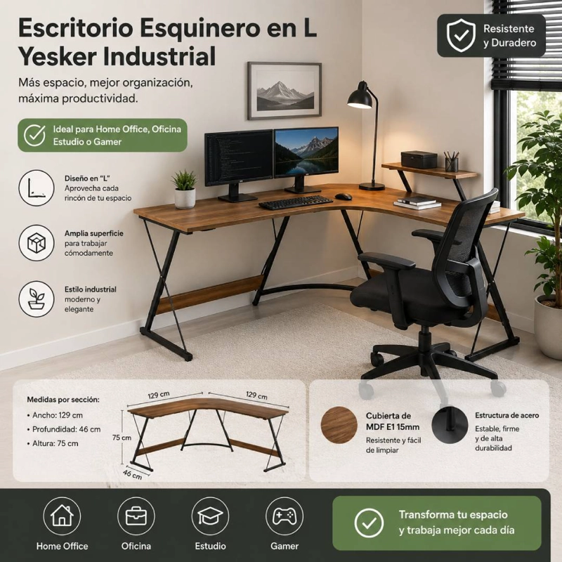 ESCRITORIO ESQUINERO EN L YESKER INDUSTRIAL MDF Y ACERO PARA OFICINA Y HOME OFFICE - 2