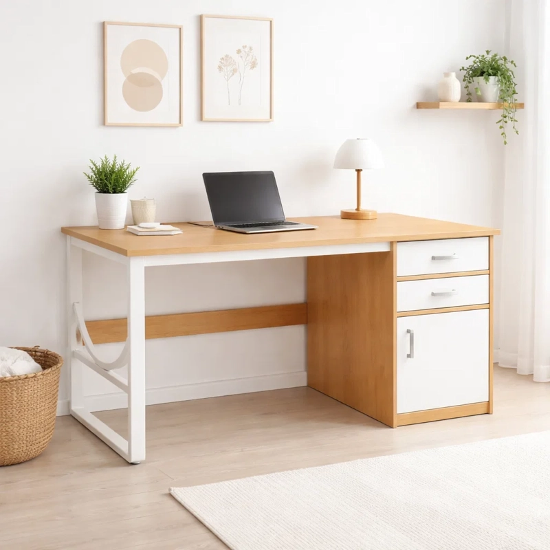 ESCRITORIO HOME OFFICE ANDALUCIA LIGHT WOOD 120 CM MADERA Y ACERO BLANCO - 2