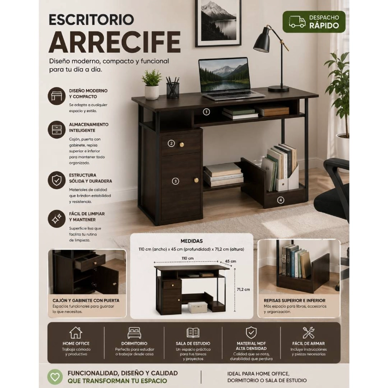 ESCRITORIO HOME OFFICE ARRECIFE 110 CM CON CAJON, GABINETE Y ORGANIZADOR PARA COMPUTADOR - 4