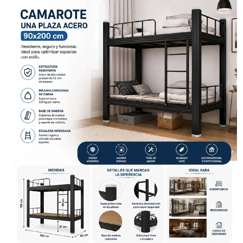 CAMAROTE 1 PLAZA DE ACERO 90×200 CM CON ESCALERAS - 4