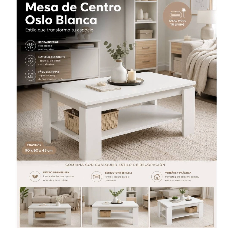 MESA DE CENTRO OSLO BLANCA CON REPISA INFERIOR 90X60 CM  DISEÑO MODERNO MINIMALISTA - 2