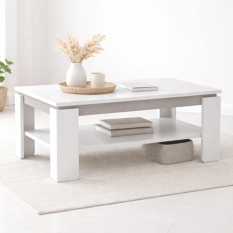 MESA DE CENTRO OSLO BLANCA CON REPISA INFERIOR 90X60 CM  DISEÑO MODERNO MINIMALISTA - 4