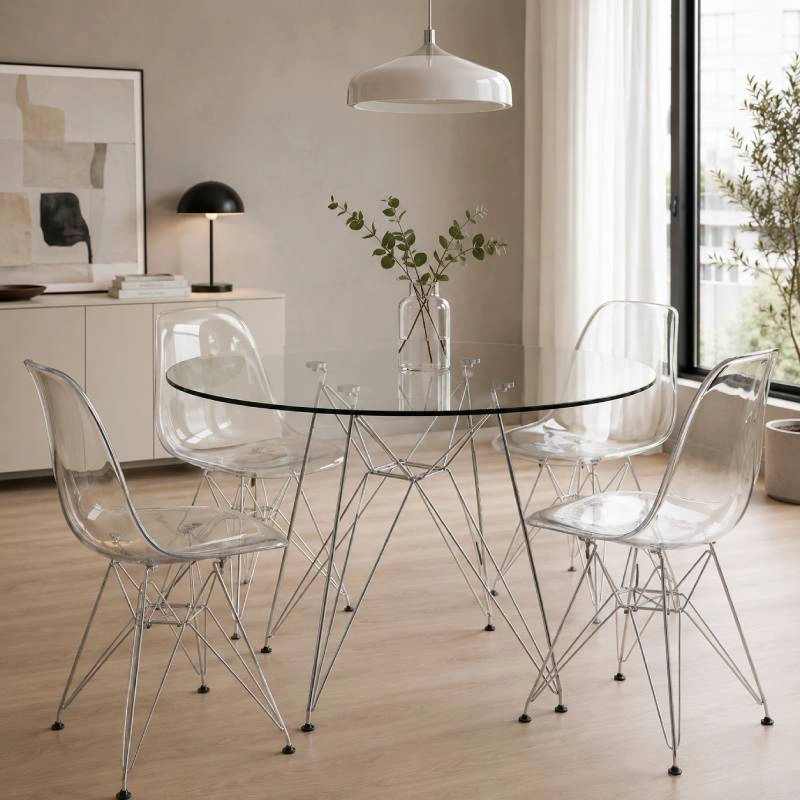 MESA DE COMEDOR EAMES REDONDA 80 CM CON CUBIERTA DE VIDRIO TEMPLADO Y BASE METALICA - 3