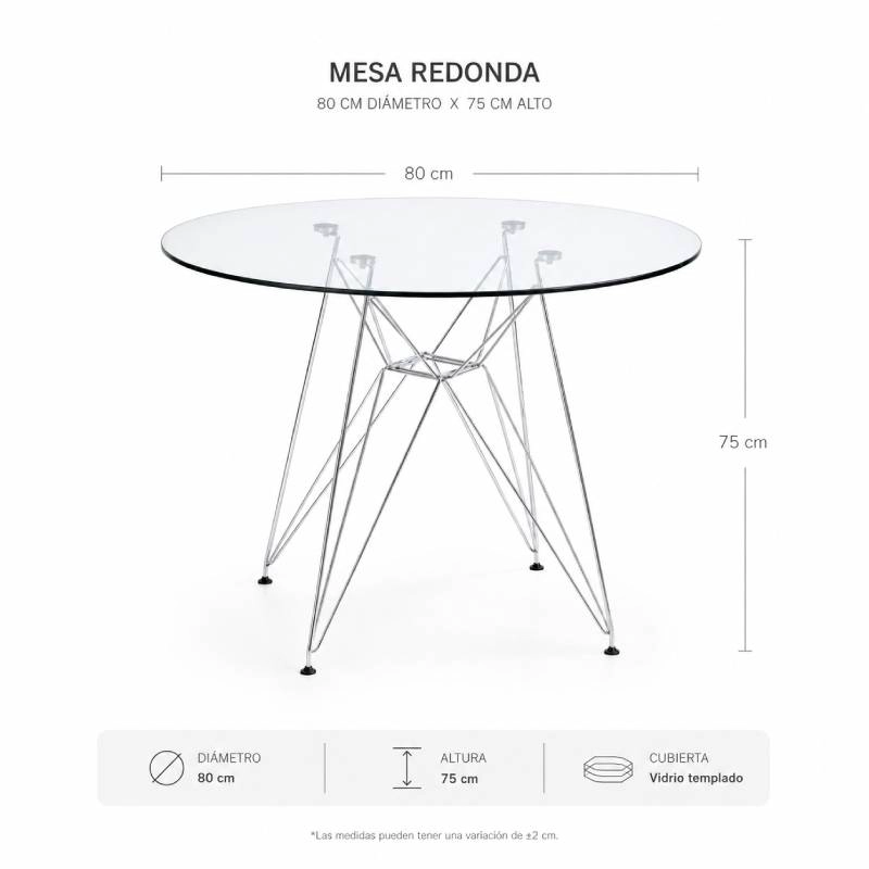 MESA DE COMEDOR EAMES REDONDA 80 CM CON CUBIERTA DE VIDRIO TEMPLADO Y BASE METALICA - 5