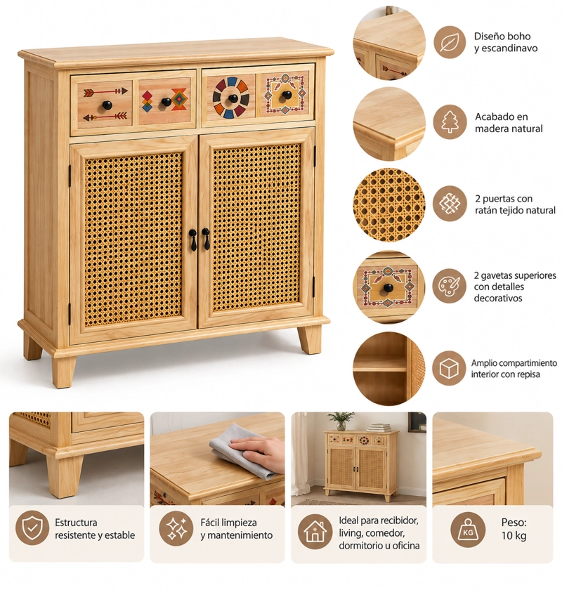 Arrimo Ratán Natural 2 Puertas 2 Gavetas para Living y Comedor - 9