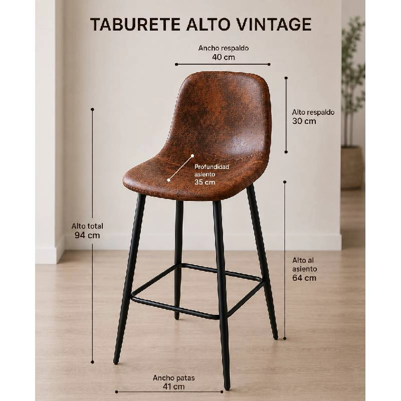 PACK 4 TABURETES BAR 64 CM CON RESPALDO ECOCUERO PARIS VINTAGE CAFE - 2
