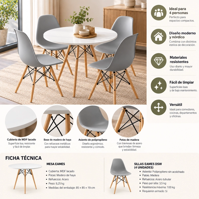 COMEDOR EAMES REDONDO 4 PERSONAS MESA BLANCA 80 CM + 4 SILLAS - 4