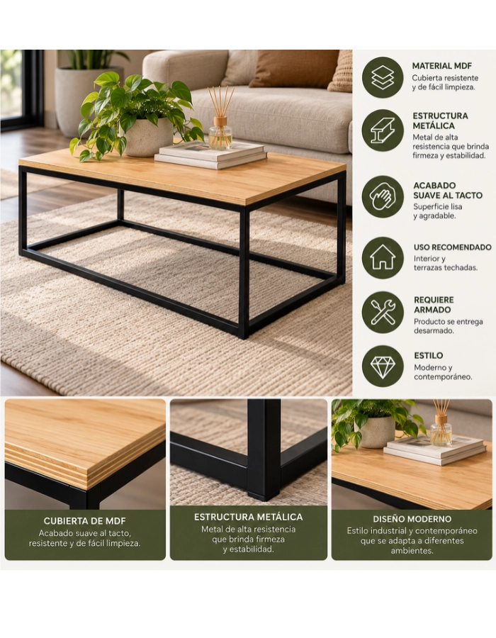MESA DE CENTRO TEXAS 90 CM MDF Y METAL MODERNA PARA LIVING - 4