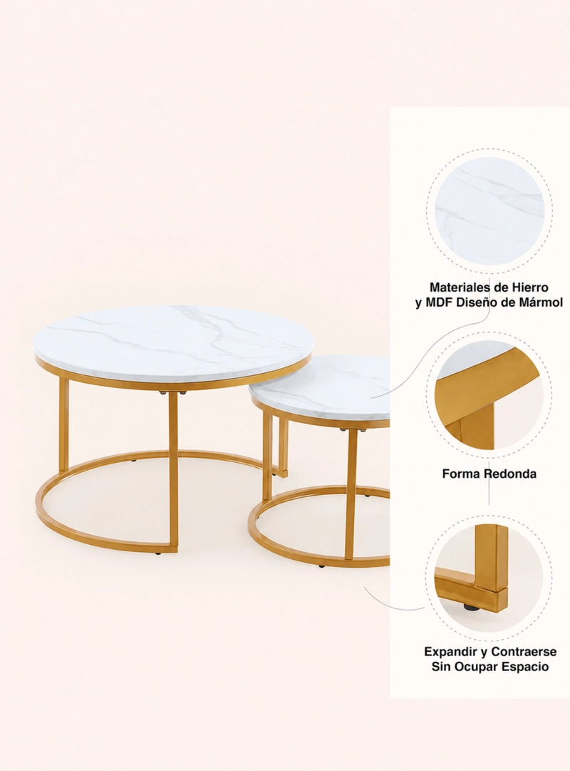 SET 2 MESAS DE CENTRO NIDO EFECTO MARMOL BLANCO DISEÑO MODERNO - 4