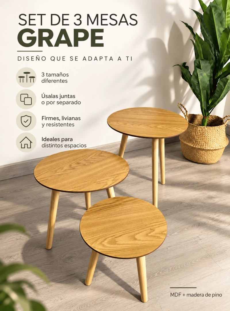 SET 3 MESAS GRAPE DE CENTRO Y AUXILIARES DISEÑO MODERNO - 4