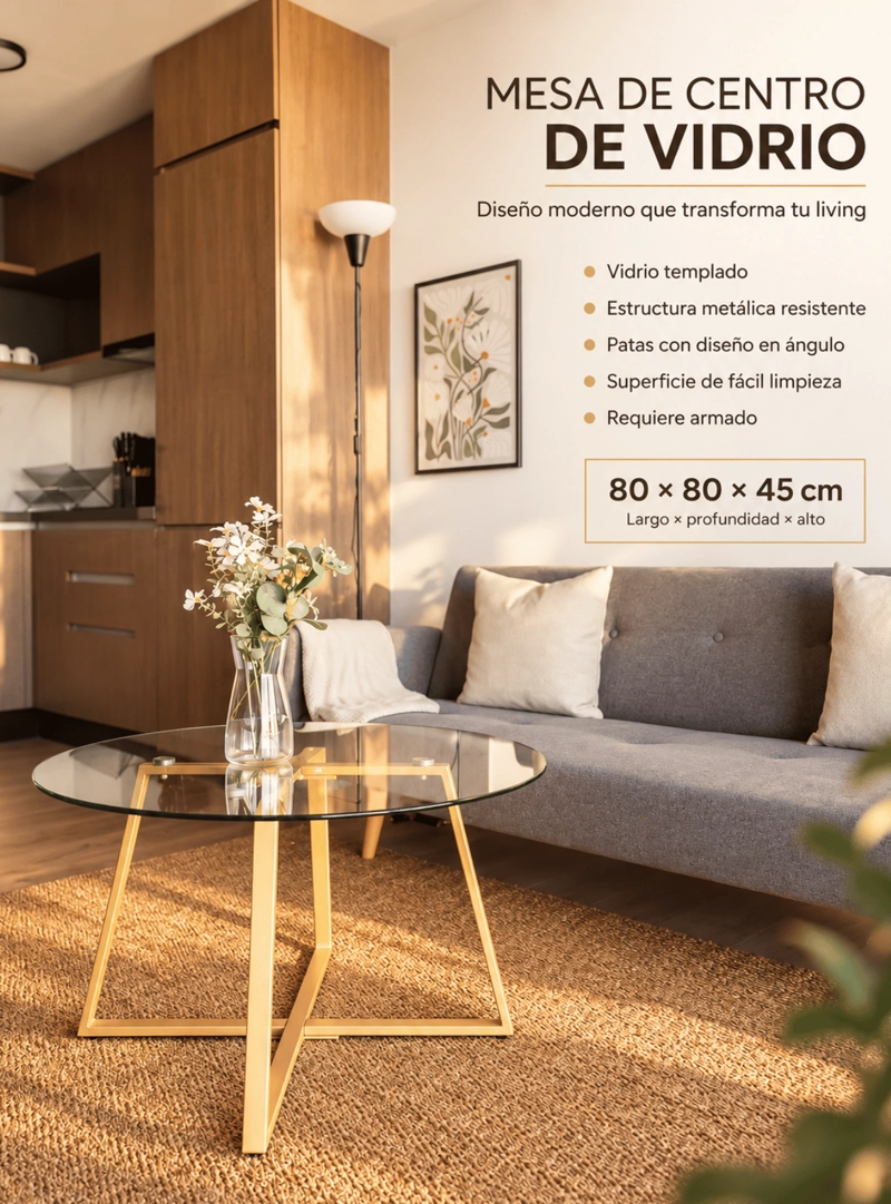 MESA DE CENTRO PARA LIVING VIDRIO TEMPLADO Y METAL 80X80 CM - 4
