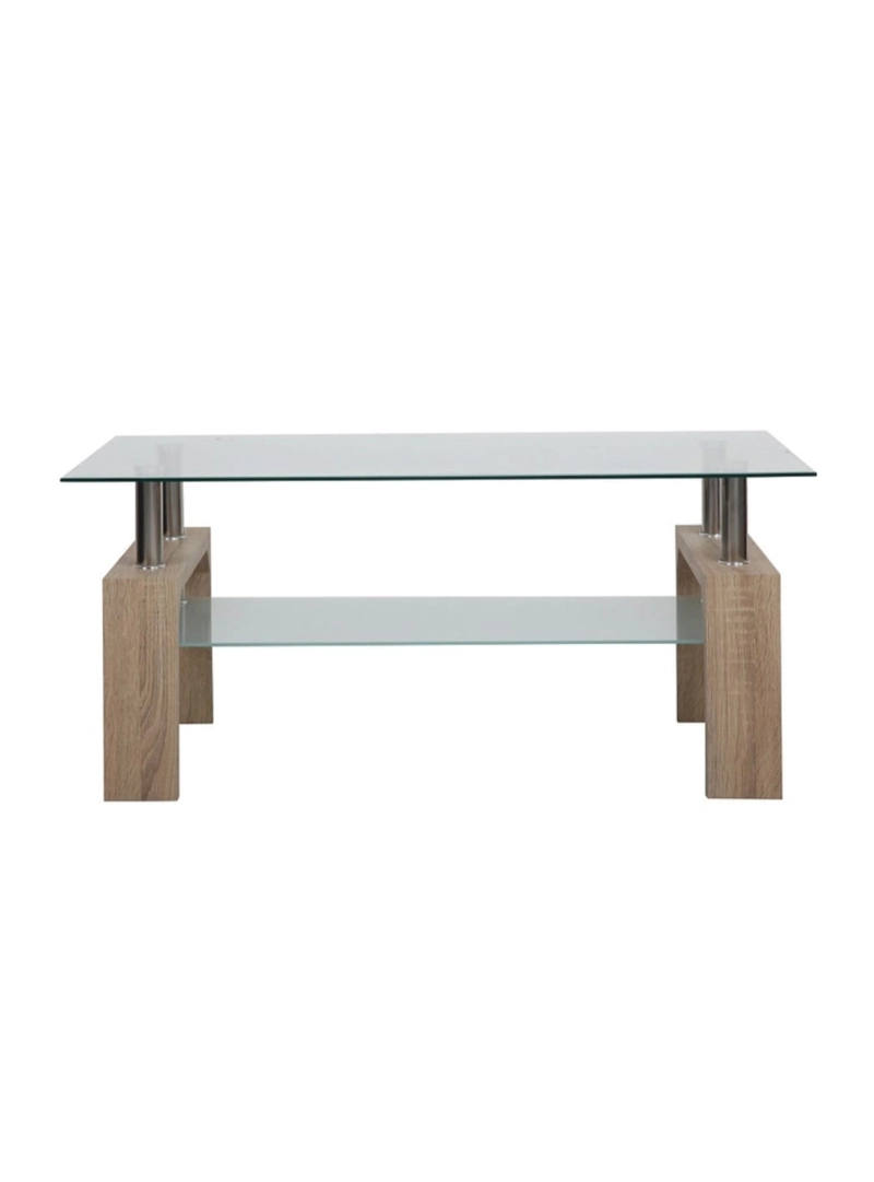 MESA DE CENTRO RECTANGULAR 100X60 CM BEIGE CON CUBIERTA DE VIDRIO Y PATAS DE MADERA. - 1