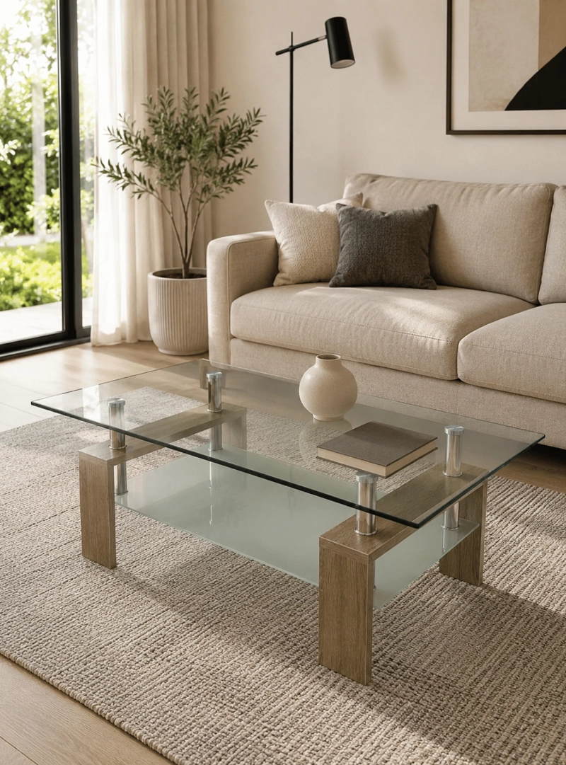 MESA DE CENTRO RECTANGULAR 100X60 CM BEIGE CON CUBIERTA DE VIDRIO Y PATAS DE MADERA. - 2