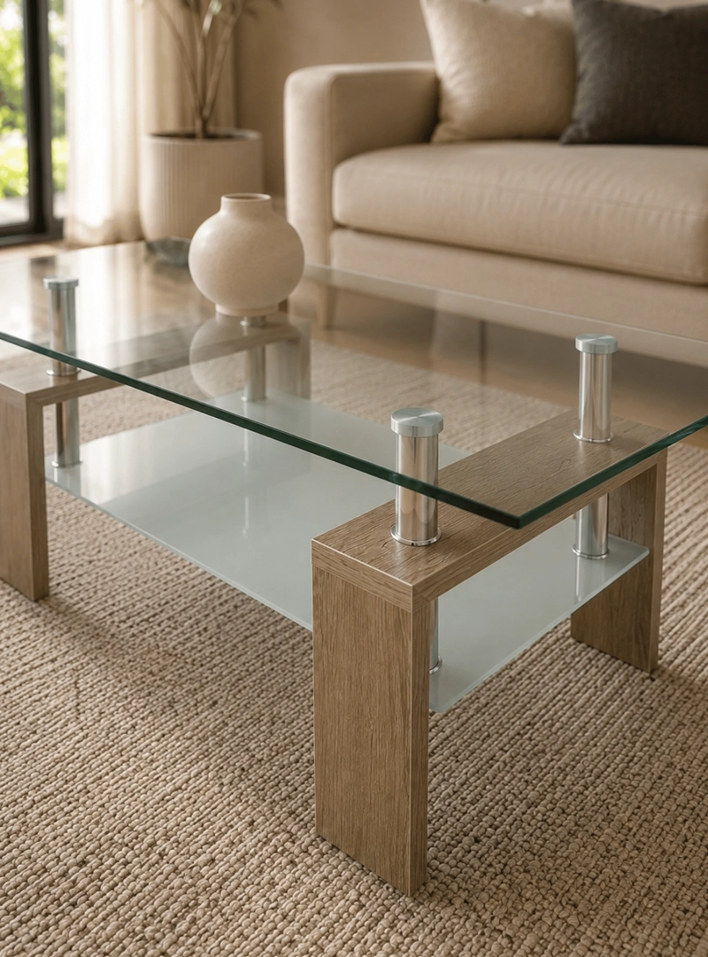 MESA DE CENTRO RECTANGULAR 100X60 CM BEIGE CON CUBIERTA DE VIDRIO Y PATAS DE MADERA. - 3