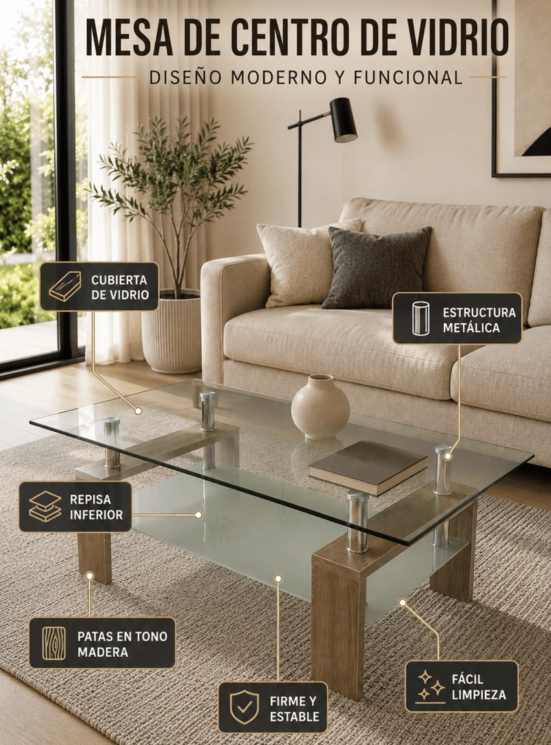 MESA DE CENTRO RECTANGULAR 100X60 CM BEIGE CON CUBIERTA DE VIDRIO Y PATAS DE MADERA. - 4