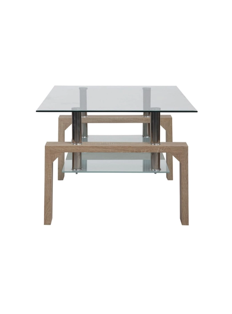 MESA DE CENTRO RECTANGULAR 100X60 CM BEIGE CON CUBIERTA DE VIDRIO Y PATAS DE MADERA. - 6