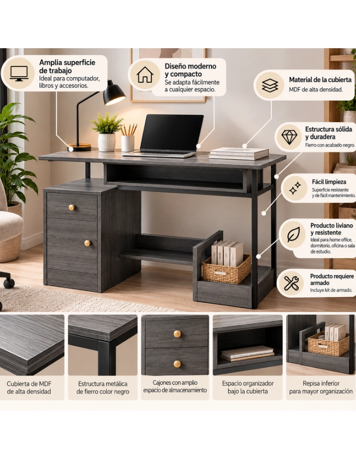 ESCRITORIO ARRECIFE 110 CM CON CAJON Y PUERTA MDF Y METAL PARA OFICINA Y HOME OFFICE - 4