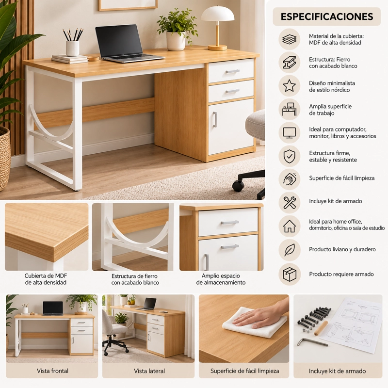 ESCRITORIO ANDALUCIA 120 CM CON GAVETAS Y PUERTA MDF MADERA CLARA ESTILO NORDICO - 4