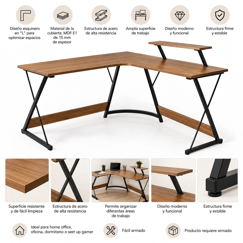 ESCRITORIO ESQUINERO EN L YESKER 129 CM MDF Y ACERO PARA COMPUTADOR - 4