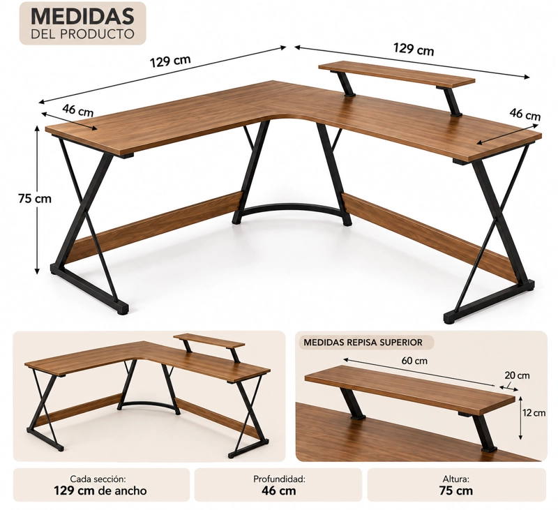 ESCRITORIO ESQUINERO EN L YESKER 129 CM MDF Y ACERO PARA COMPUTADOR - 5