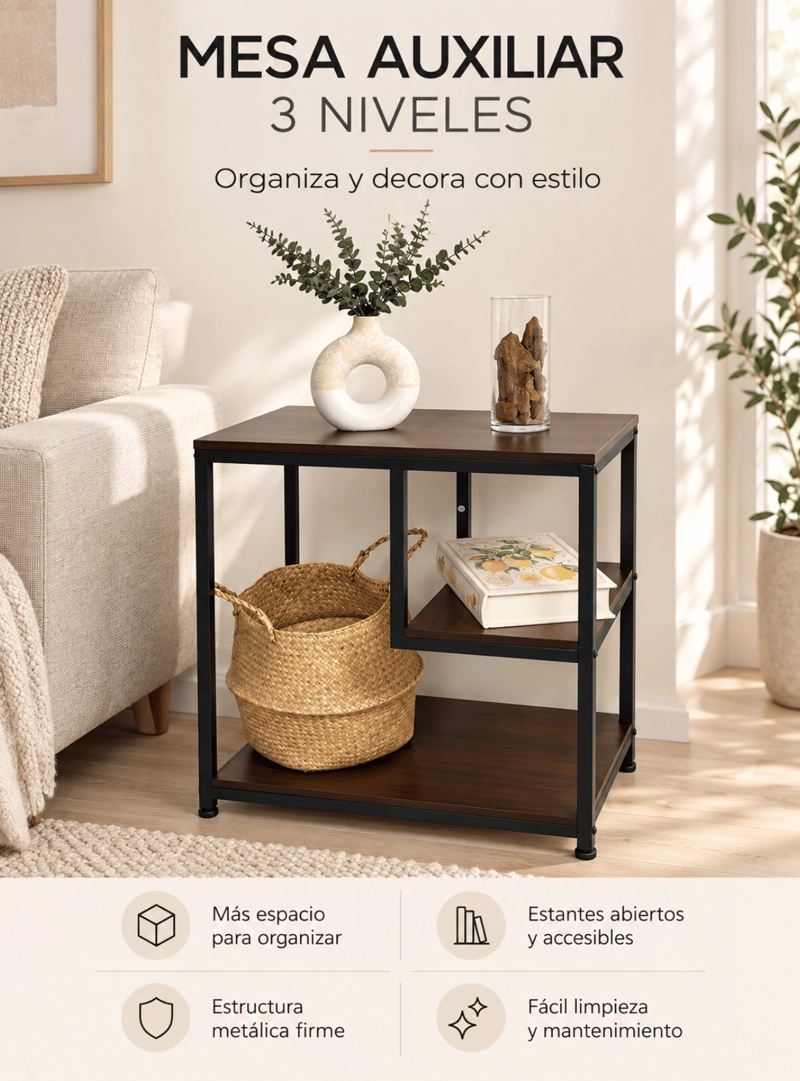 MESA AUXILIAR INDUSTRIAL 3 NIVELES CON REPISAS MDF Y METAL 60X40 CM - 4