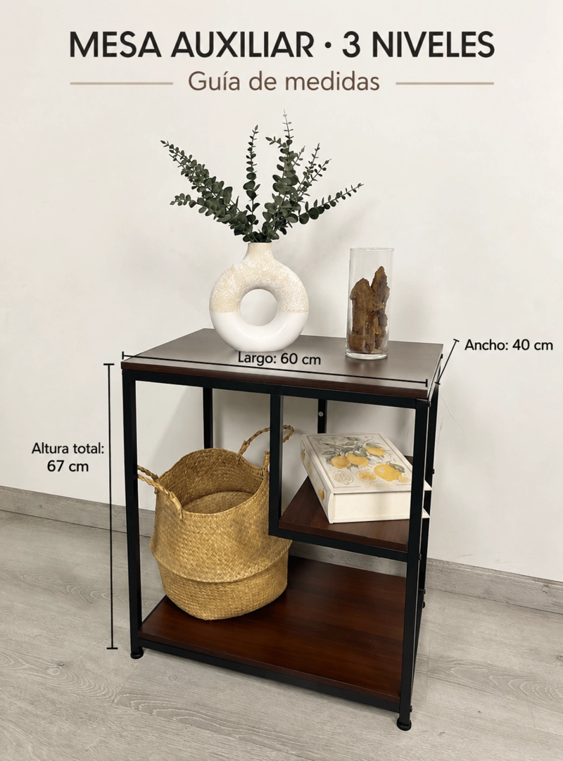 MESA AUXILIAR INDUSTRIAL 3 NIVELES CON REPISAS MDF Y METAL 60X40 CM - 5
