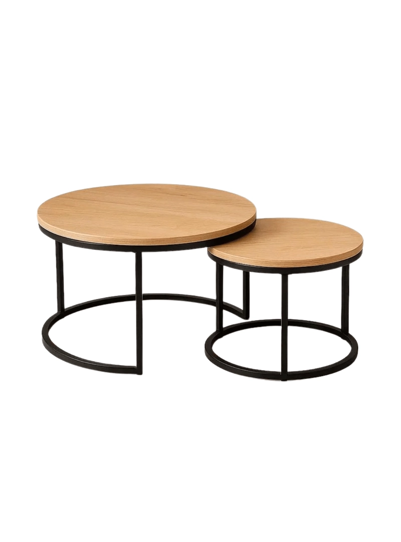 SET 2 MESAS DE CENTRO NIDO REDONDAS MADERA NATURAL MDF Y METAL ESTILO NORDICO - 1