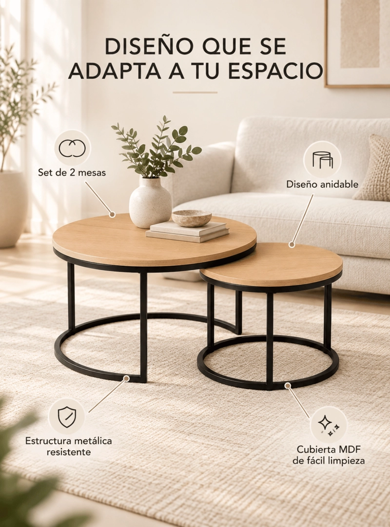 SET 2 MESAS DE CENTRO NIDO REDONDAS MADERA NATURAL MDF Y METAL ESTILO NORDICO - 4