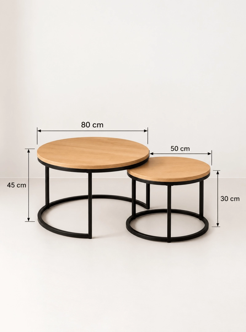 SET 2 MESAS DE CENTRO NIDO REDONDAS MADERA NATURAL MDF Y METAL ESTILO NORDICO - 5