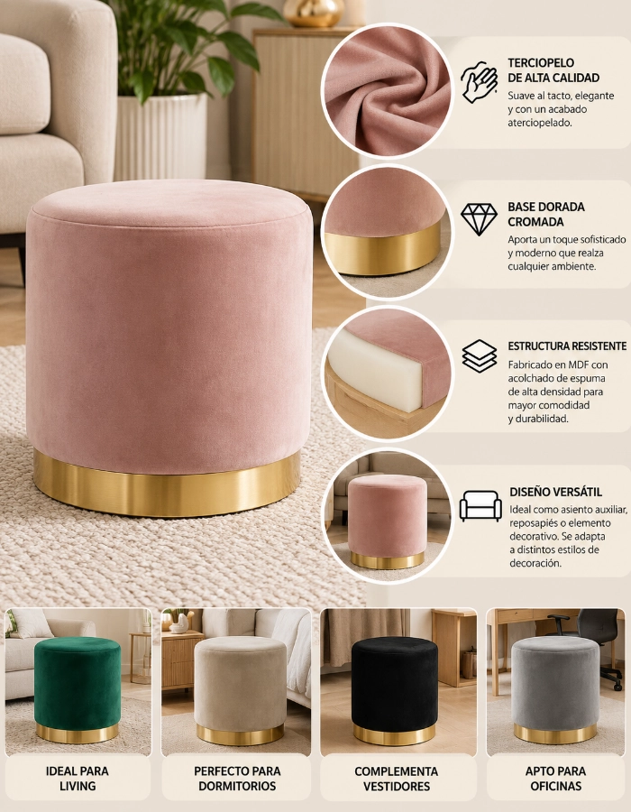 PUFF REDONDO FANCY TERCIOPELO CON BASE DORADA CROMADA 35X42 CM ASIENTO AUXILIAR PARA LIVING - 4
