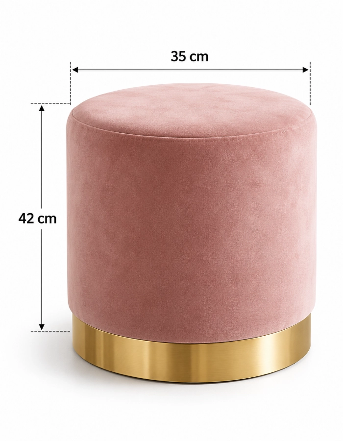 PUFF REDONDO FANCY TERCIOPELO CON BASE DORADA CROMADA 35X42 CM ASIENTO AUXILIAR PARA LIVING - 5