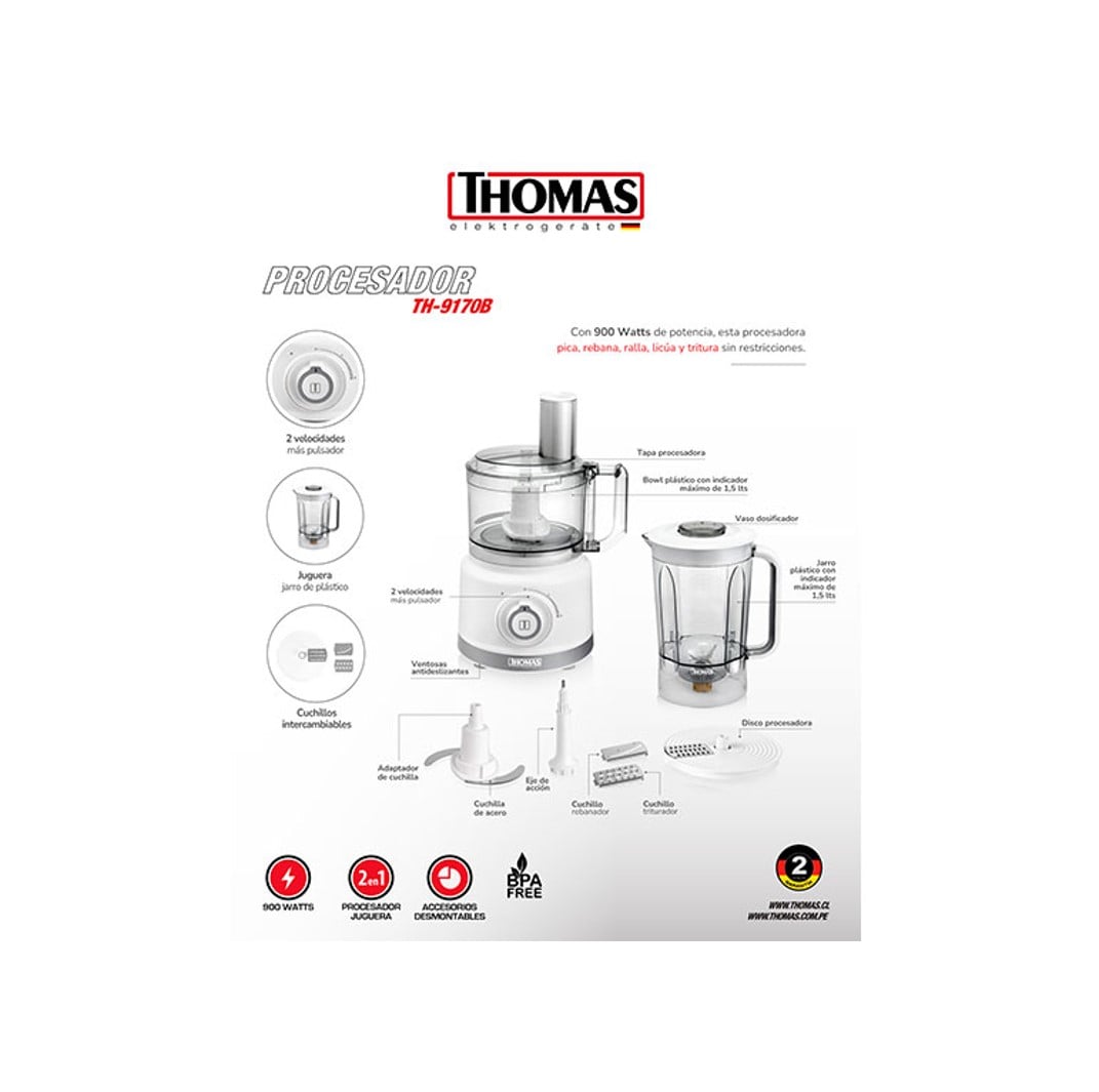 LICUADORA THOMAS 900W 1.5L Y PROCESADORA ALIMENTOS TH 9170B - 4