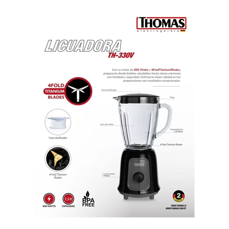 LICUADORA THOMAS JARRA DE VIDRIO 1.5 LITROS 600W TH-330V - 3