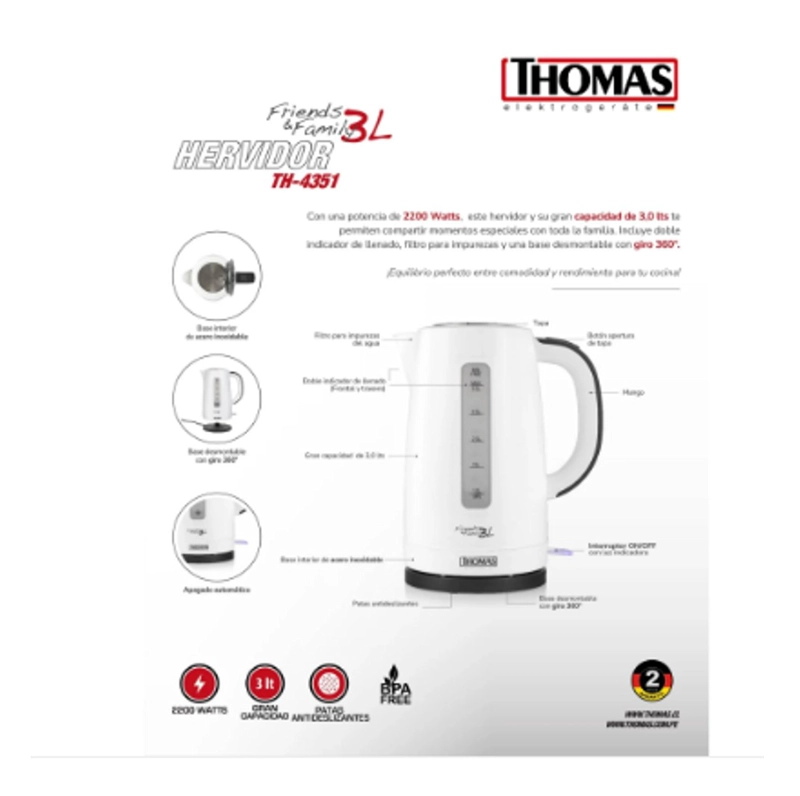 HERVIDOR DE AGUA ELE CTRICO 3 LITROS CAPACIDAD 2200W TH- 4351 - 4