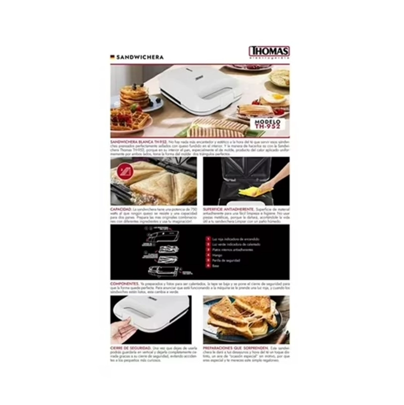 SANDWICHERA 2 PANES THOMAS 750W TH-952 - 3