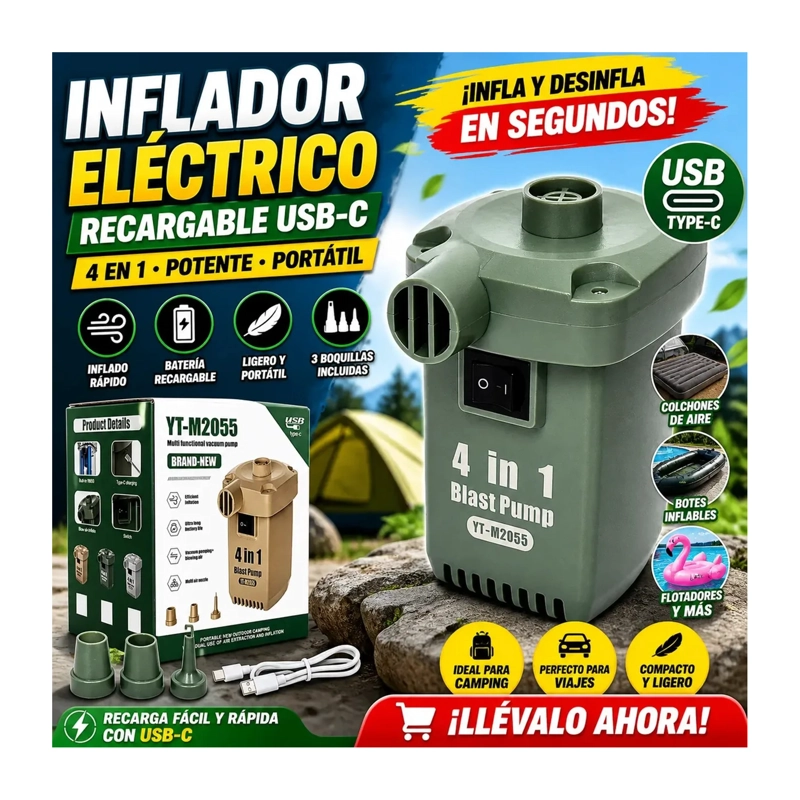 INFLADOR ELE CTRICO RECARGABLE 4 EN 1 USB-C PORTATIL - 6