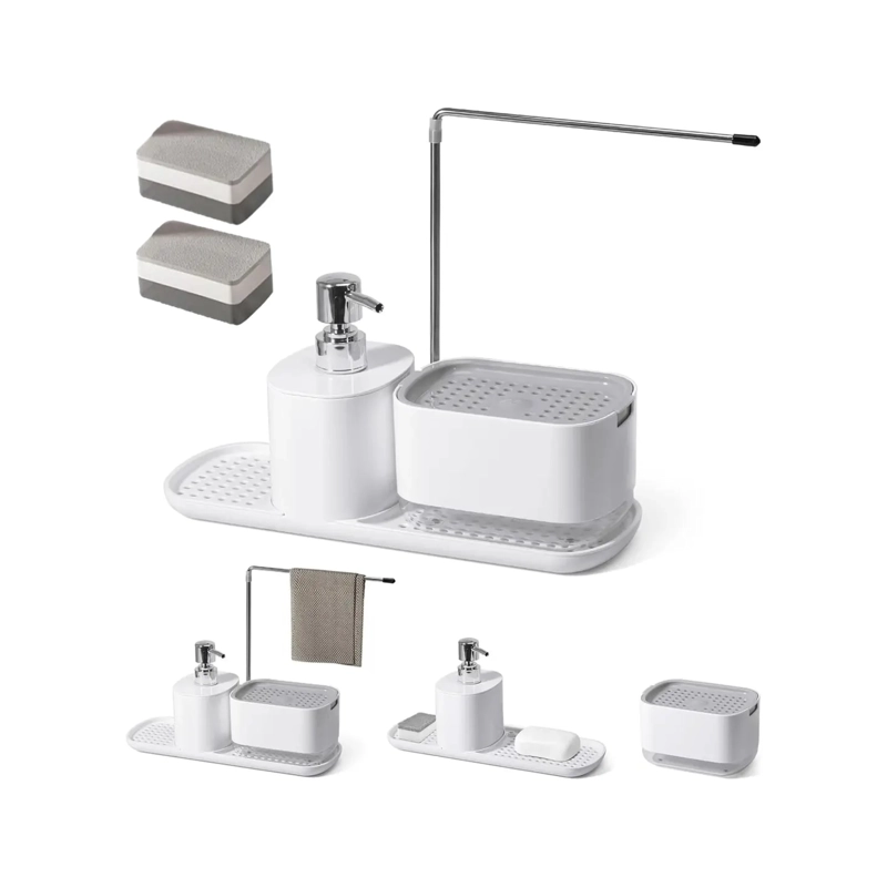 DISPENSADOR DE JABON DE COCINA CON TOALLERO Y PORTAESPONJAS - 1