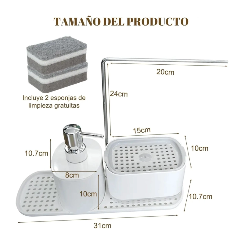 DISPENSADOR DE JABON DE COCINA CON TOALLERO Y PORTAESPONJAS - 2