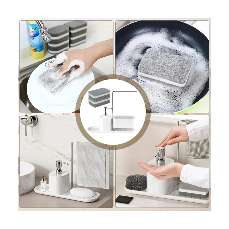DISPENSADOR DE JABON DE COCINA CON TOALLERO Y PORTAESPONJAS - 6