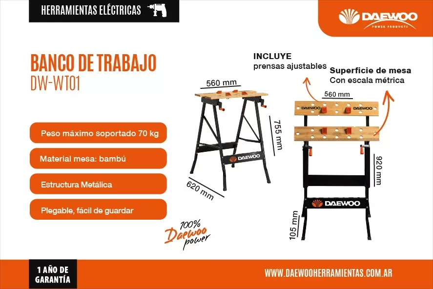 MESA DAEWOO BANCO TRABAJO PLEGABLE PORTATIL SOPORTA 70 KG - 4