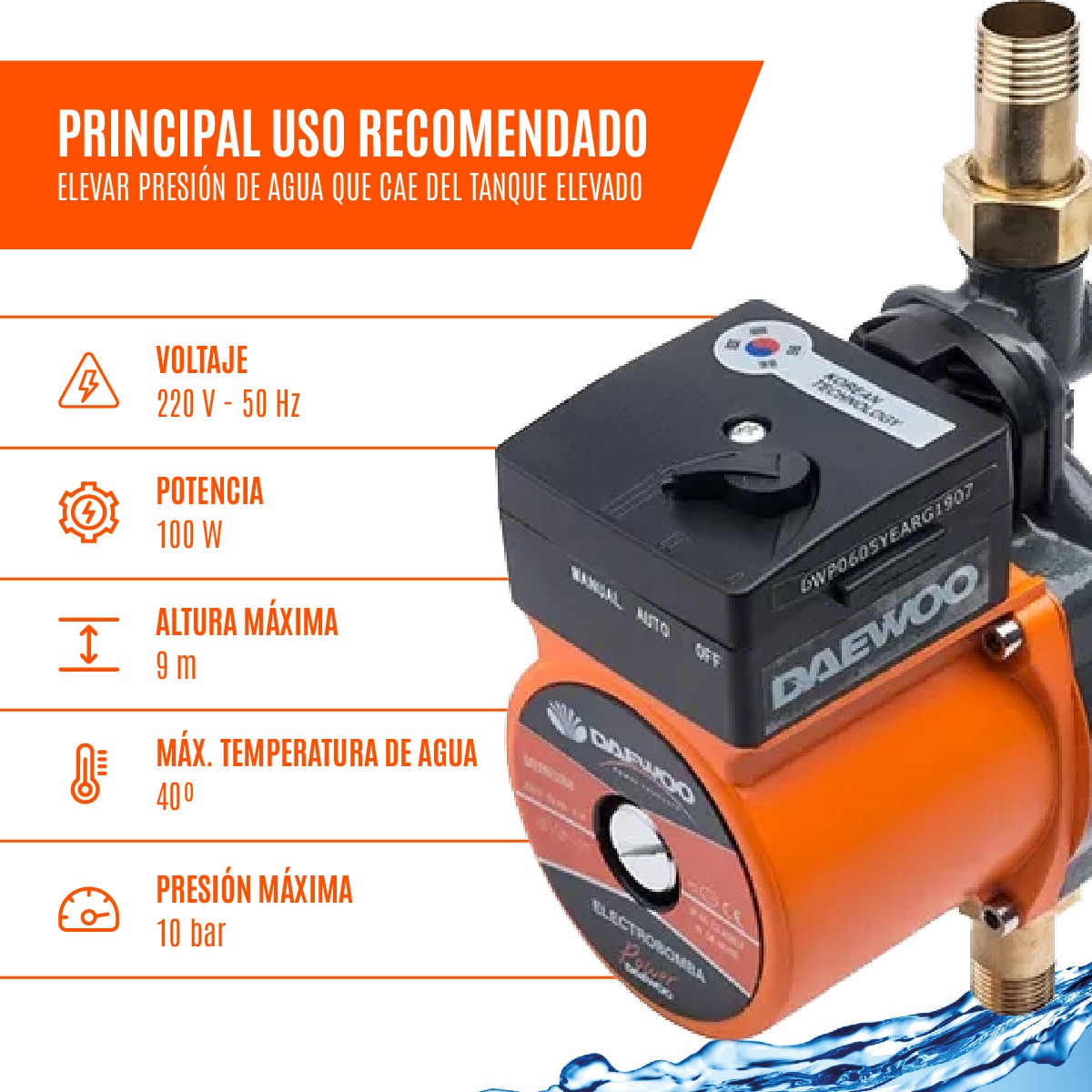 BOMBA DE AGUA PRESURIZADORA DAEWOO DAEPRES100 100W 2 BAÑOS - 3