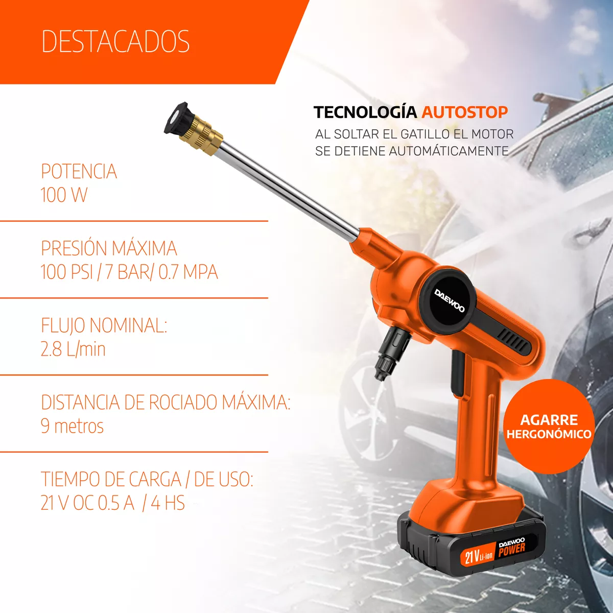 HIDROLAVADORA INALÁMBRICA DAEWOO BATERÍA 21V 100W 3 L/MIN - 5